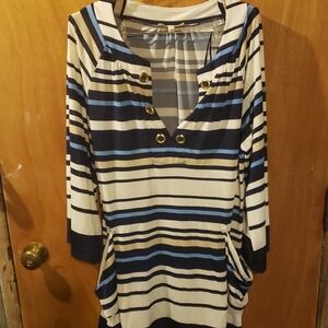 Sandiva Striped Navy and White Tunic Top / bathing suit coverup, size Large